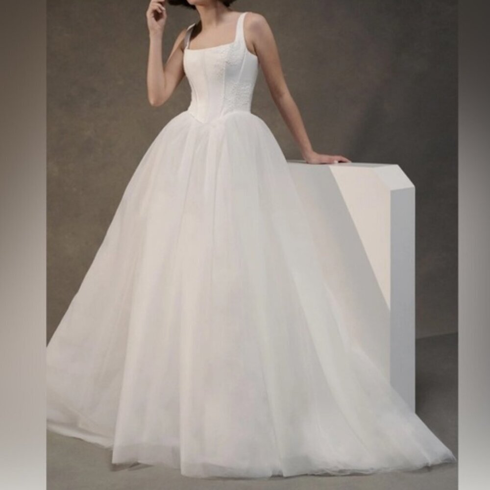ANNE BARGE Erivo Blue Willow Wedding Dress White Silk sz 12 Ball Gown Bridal
